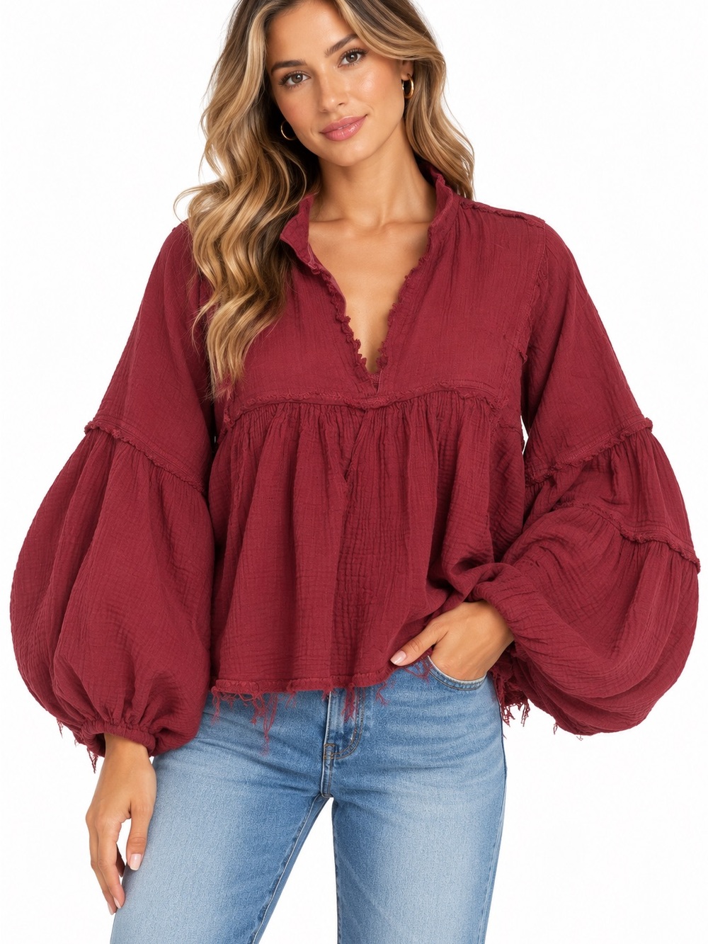 Ces Femme Size Medium Women's Burgundy Gauze Peasant Top Distressed